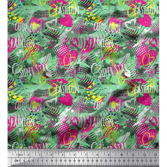 Soimoi Green polyester Crepe Fabric Heart,Star & Fashion Text Printed Fabric 1 Yard 42 Inch Wide