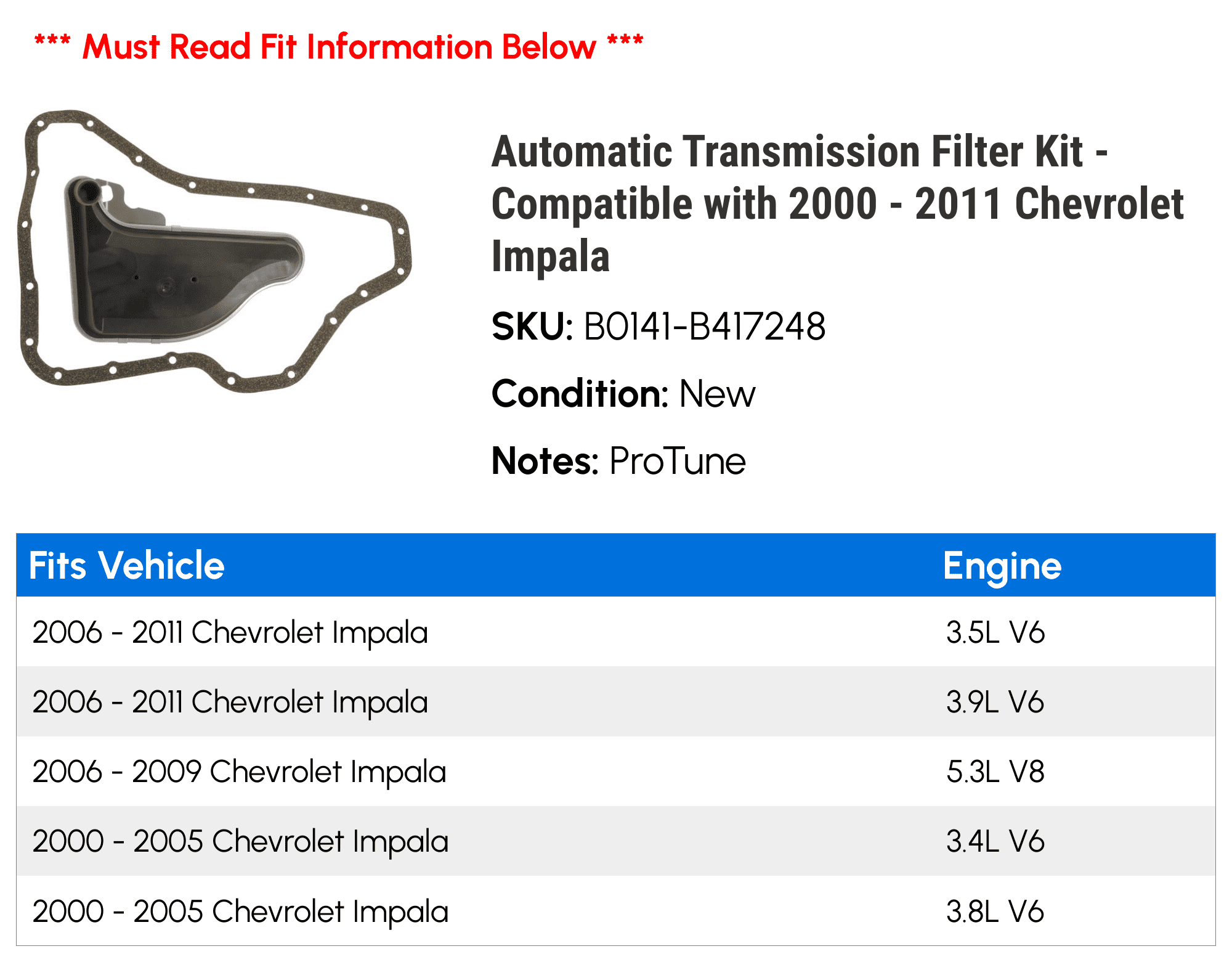 Automatic Transmission Filter Kit - Compatible with 2000 - 2011 Chevy Impala 2001 2002 2003 2004 2005 2006 2007 2008 2009 2010