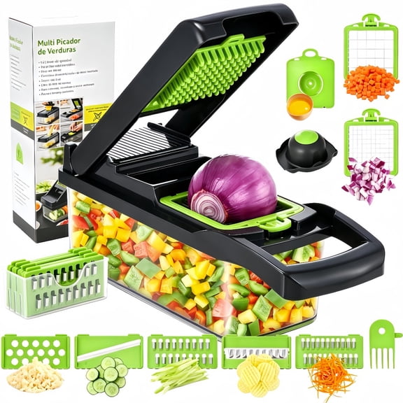 16 in 1 Vegetable Chopper Manual Food Chopper Dicer Slicer with Container, with 8 Blades, Drain Basket, Cutter for Onion Garlic Potato Salad, Meal Prep(Green)