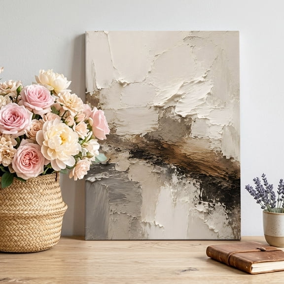 Canvas Wall Art Textured Plaster Canvas Art Print Minimalist Abstract Brown Beige Oil Painting Pictures Wall Decor for Living Room Bedroom Artwork Decorations Stretched Framed Ready to Hang 16"x24"
