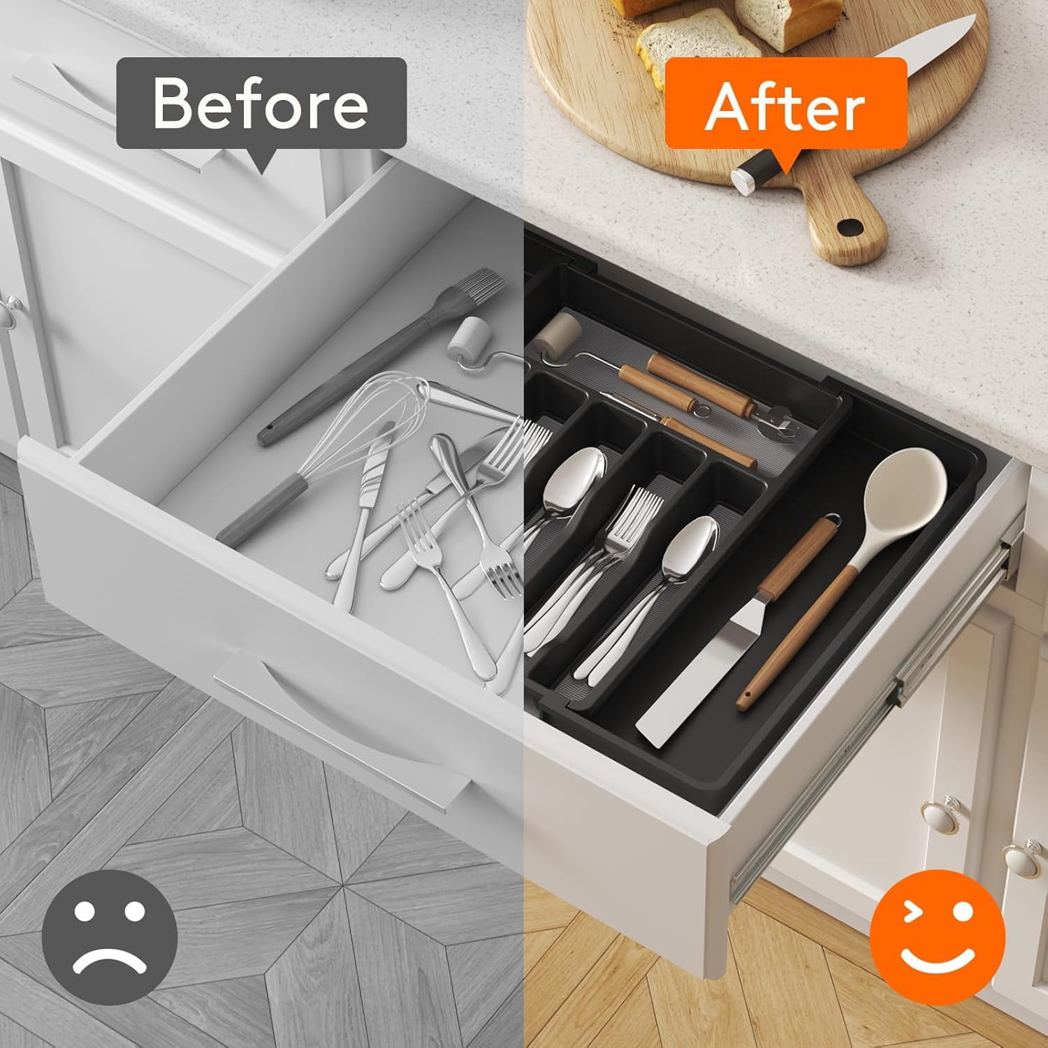 Silverware Drawer Organizer, Expandable Utensil Tray for Kitchen, BPA Free Flatware and Cutlery Holder, Adjustable Plastic Storage for Spoons Forks Knives, 8.5-14 x 12", Black