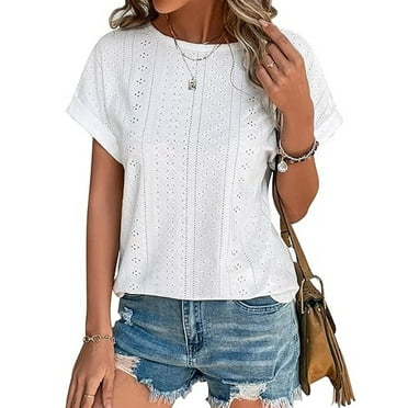 TEMOFON Womens Tops Eyelet Embroidery Summer Spring Crewneck Casual Short Sleeve Blouse Trendy T Shirts for Womens Clothes Trendy Shirts Tunic Tops