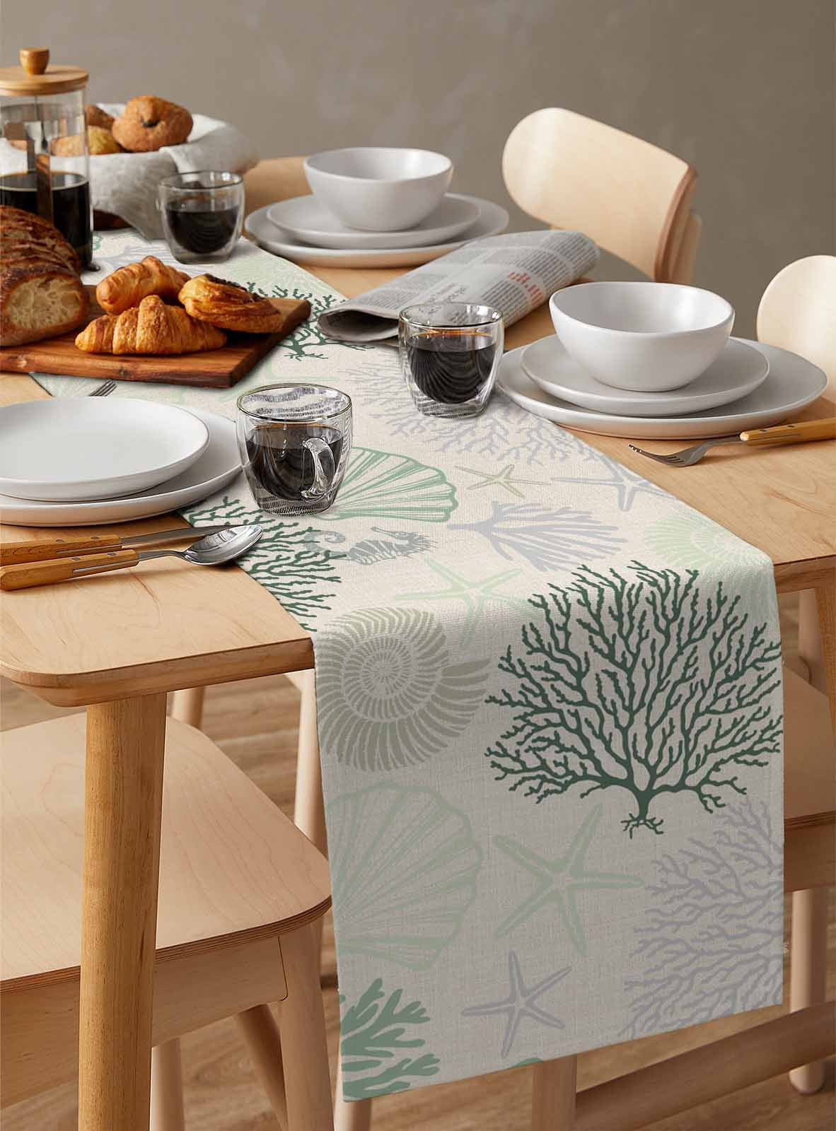 Sage Green Ocean Table Runner 108 Inches, Coastal Grey Coral Starfish Shell Bed Runner Dresser Scarves Tabletop for Indoor Outdoor Parties/Ceremony/Banquet, 13"x 108"