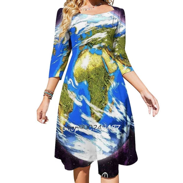 Vestido acampanado con nudo en forma de corazón y diseño de moda de Planeta Tierra en el espacio Vestido holgado de talla grande Planeta Tierra Espacio Sistema solar