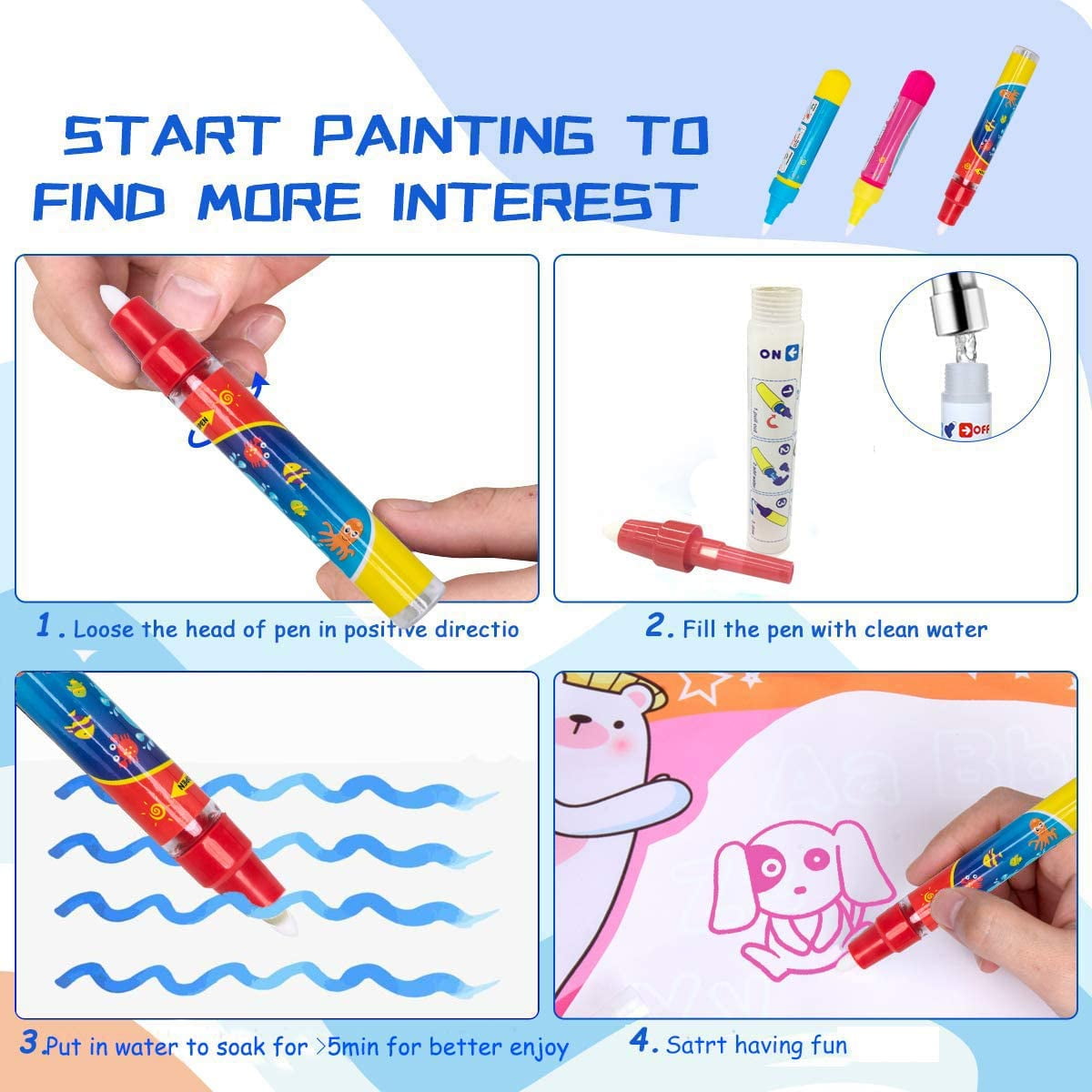 Outus 12 Pcs Water Doodle Pens Water Drawing Doodle Pens, Replacement Water  Markers Pens for Book Toddlers Kids Doodle Mat Water