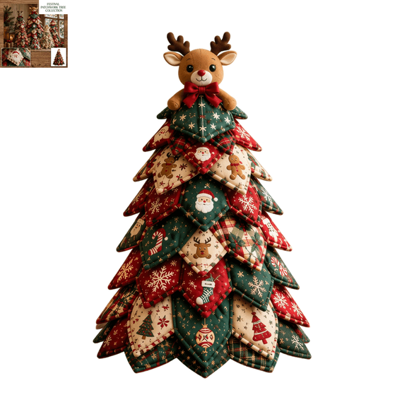 DIY Quilted Christmas Fabric Tree Kit, Vintage Plaid Fabric Sewing Craft Set, Handmade Desktop Christmas Tree Decor Kit for Holiday Party Decoration A