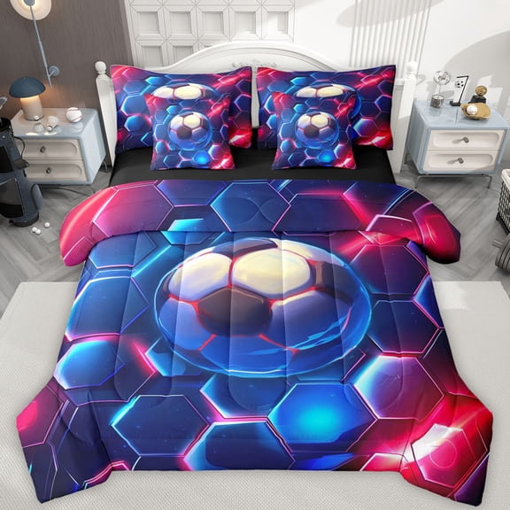 Castle Fairy Teens Adults Soccer Gamer Twin Bedding Sets 7-Piece,Geometric Honeycomb Bedding Comforter Set Microfiber,Abstract Gradient Breathable Sheet Sets,Breathable Home Decor,Reversible