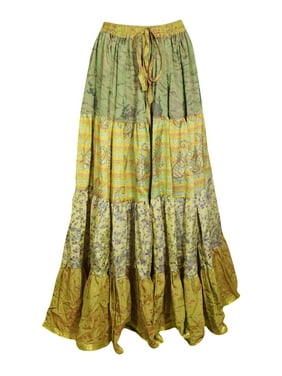 Mogul Women Long Skirt Floral Green Printed A-Line Gypsy Hippie Chic Summer Maxi Skirts M/L