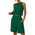 thumbnail image 4 of Costeam Womens 2 Piece Matching Outfit Sleeveless Crew Neck Cropped Top Elastic High Waist Bermuda Shorts with Side Pockets Lightweight Soft Breathable Relaxed Fit Summer Loungewear Set, 4 of 6