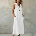 thumbnail image 4 of QUNYINEY Long Womens Dresses A Line Sleeveless White Faux Cotton Linen Sundress with Pockets Loose Fit Button Casual Hooded Dresses, 4 of 7