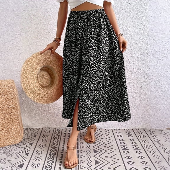 Women's Plus Size Skirt Boho Trendy Summer Vacation Floral Midi Skirts High Waisted A Line Flowy Maxi Skirt
