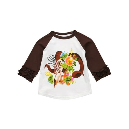 

Gwiyeopda Baby Girls Boys Autumn Long Sleeve Ruffle Cartoon Animal Floral Printed T-shirt 12-24 Months