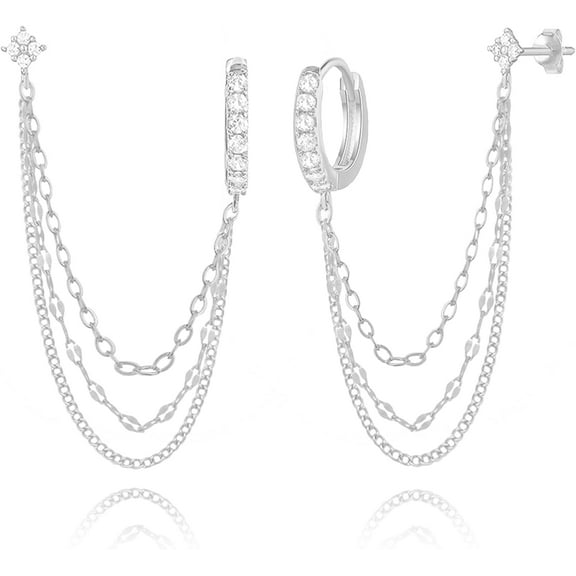 925 Sterling Silver Four Zircons Flower Stud Double Piercing Chain Earrings | Double Piercing Dangle Three Chains Hoop Earrings | Double Piercing Earrings Gifts Jewelry for Women