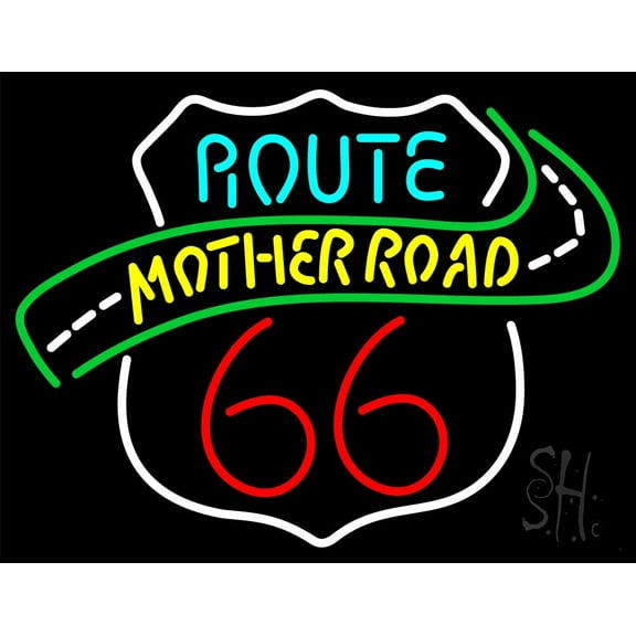 Route 66 Mother Road LED Neon Sign 15 x 19 - inches, Black Square Cut Acrylic Backing, with Dimmer - Bright and Premium built indoor LED Neon Sign for café, club, party, event and stroefront.