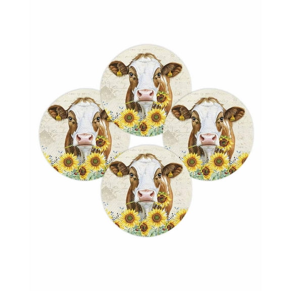 Round Placemats Set of 4 Sunflower Cow Place Mats Washable Woven Placemat Vintage Text Farm Animal Circle Braided Table Mat for Kitchen Dining Table Party Home Decor 15 Inch