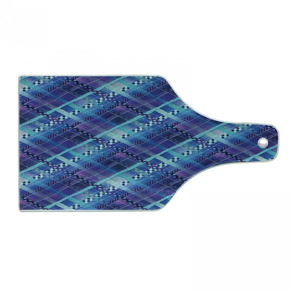 Navy Blue Cutting Board, Complex Structured Different Lines and Patterns Polka Dots Stripes Patch Work, Tempered Glass Cutting and Serving Board, Wine Bottle Shape, Purple Blue, by Ambesonne