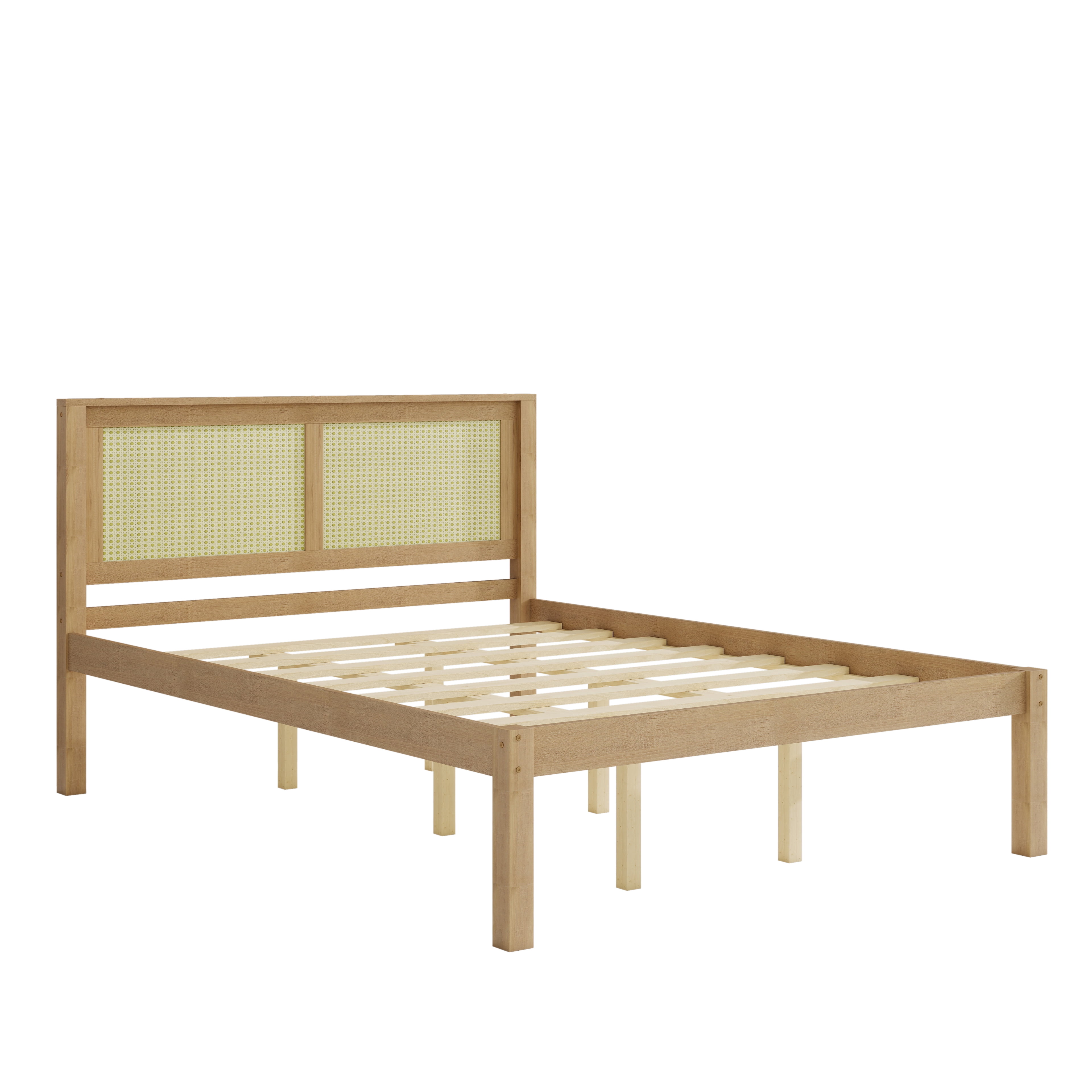 Queen Bed Frame with Rattan Headboard, Solid Wood Platform Bed and Farmhouse Boho Bed Frame with Under-Bed Storage for Bedroom, Natural Wood