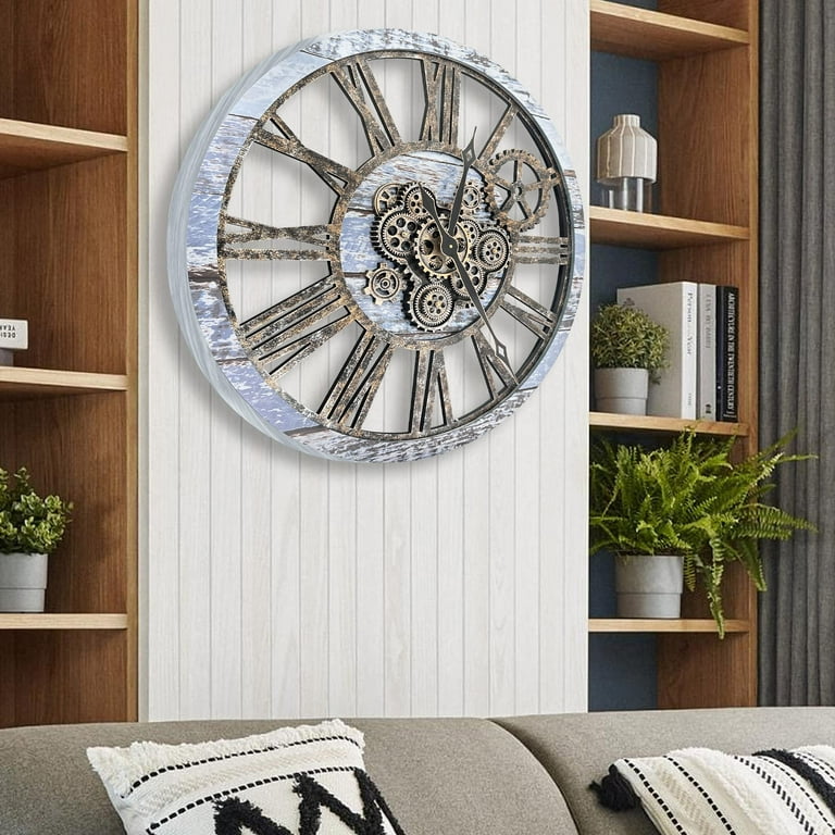 Large 24 Inch Moving Gear Wall Clock for Farmhouse Living Room Decor