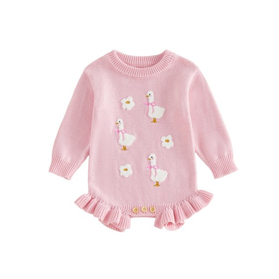 RUINIXCW Baby Girls Fall Knit Romper Fashion Duck Embroidery Crew Neck Long Sleeve Sweater Jumpsuit