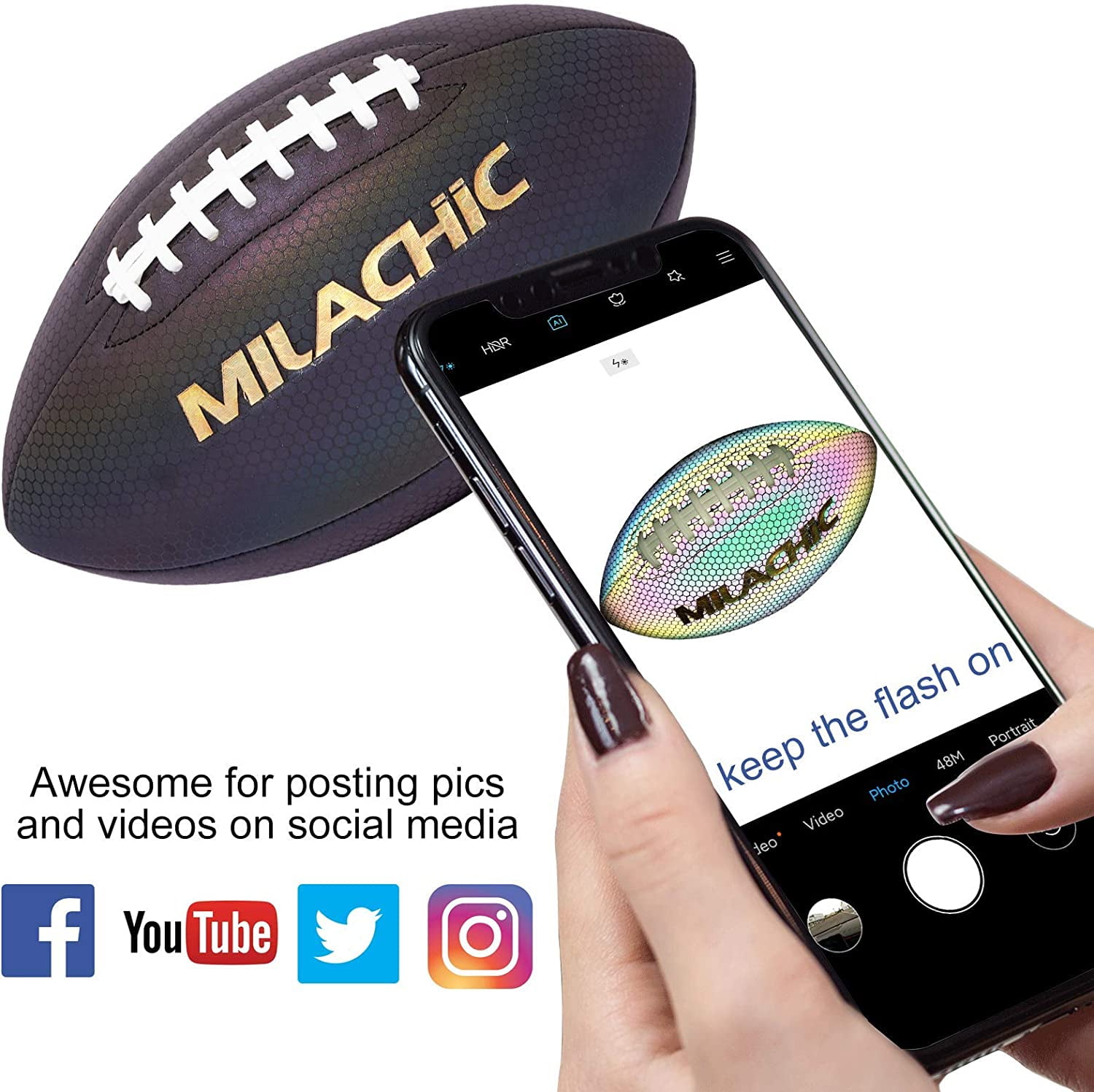 MILACHIC Football, Holographic Football - Reflective Glowing Footballs for Kids, Teens and Adults, Composite Leather Football with Pump (Official Size 9 & Youth Size 6 & Peewee Size 3)