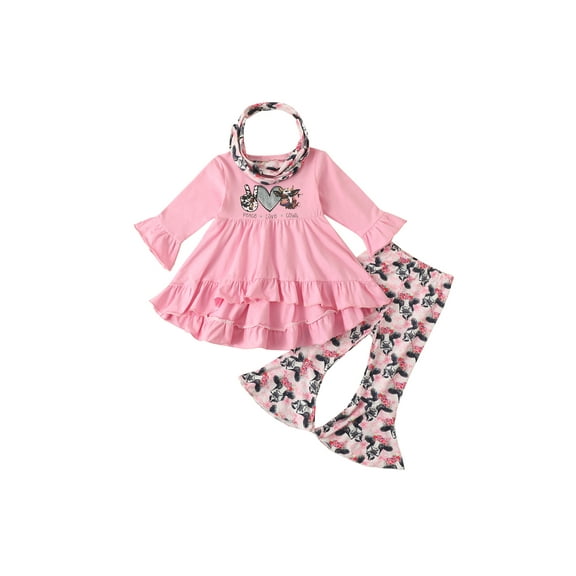 Bagilaanoe 3Pcs Toddler Baby Girls Long Pants Set Cow Print Ruffle Long Sleeve Tunic Tops Flared Trousers Scarf 6M 12M 2T 3T 4T 5T Casual Fall Outfits