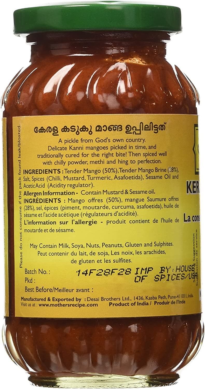 Pickles de mangue Vadu du Kerala, recette de maman, 300 g