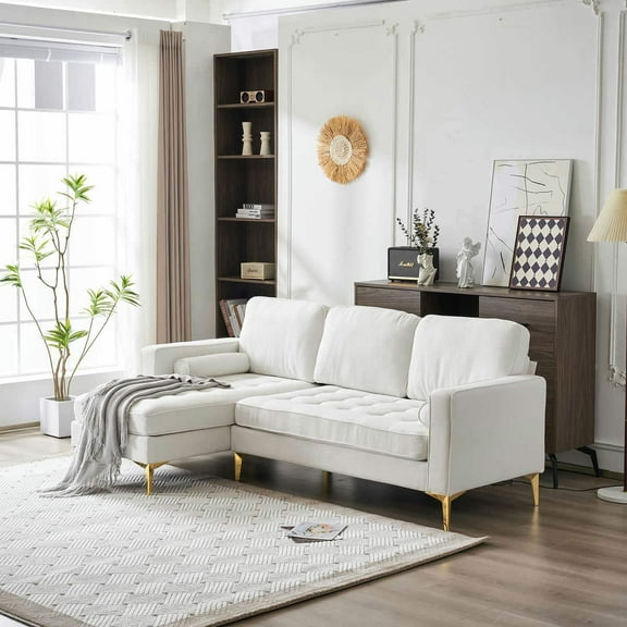 Kadyn Couch, Futon Sofa, Sofa Couch,L-Shaped 3-Seat Indoor Modular Sofa with Linen Seat and Footstool, Beige