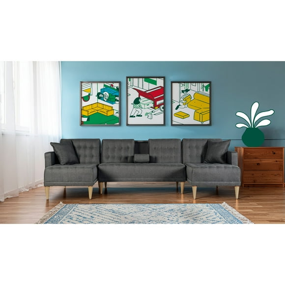 Sala Modular Doble Chaise Makora Marietta con Memory Foam Color Oxford Lino Respaldo Reclinable de 3 Posiciones