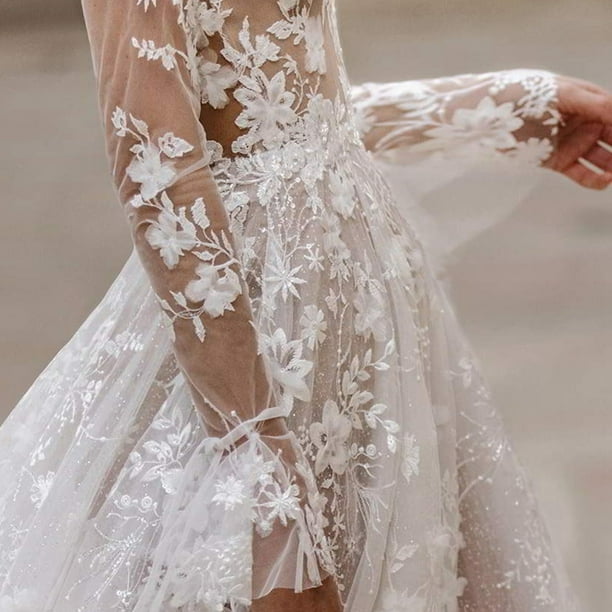 Lace Boho Vintage Wedding Dress - Long Sleeve Tea Length A-Line Tulle Dress For Bride