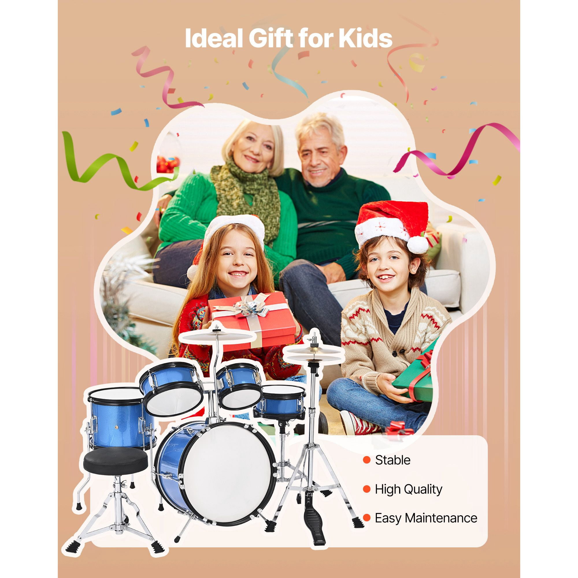 Kids Drum Set, 5-Piece 14 in Junior Drum Sets, Beginner Drums Set with Adjustable Throne, Cymbal & Two Pairs of Drumsticks, Musical Learning Drums Instruments Kit, for Children Ages 6-13 (Blue)