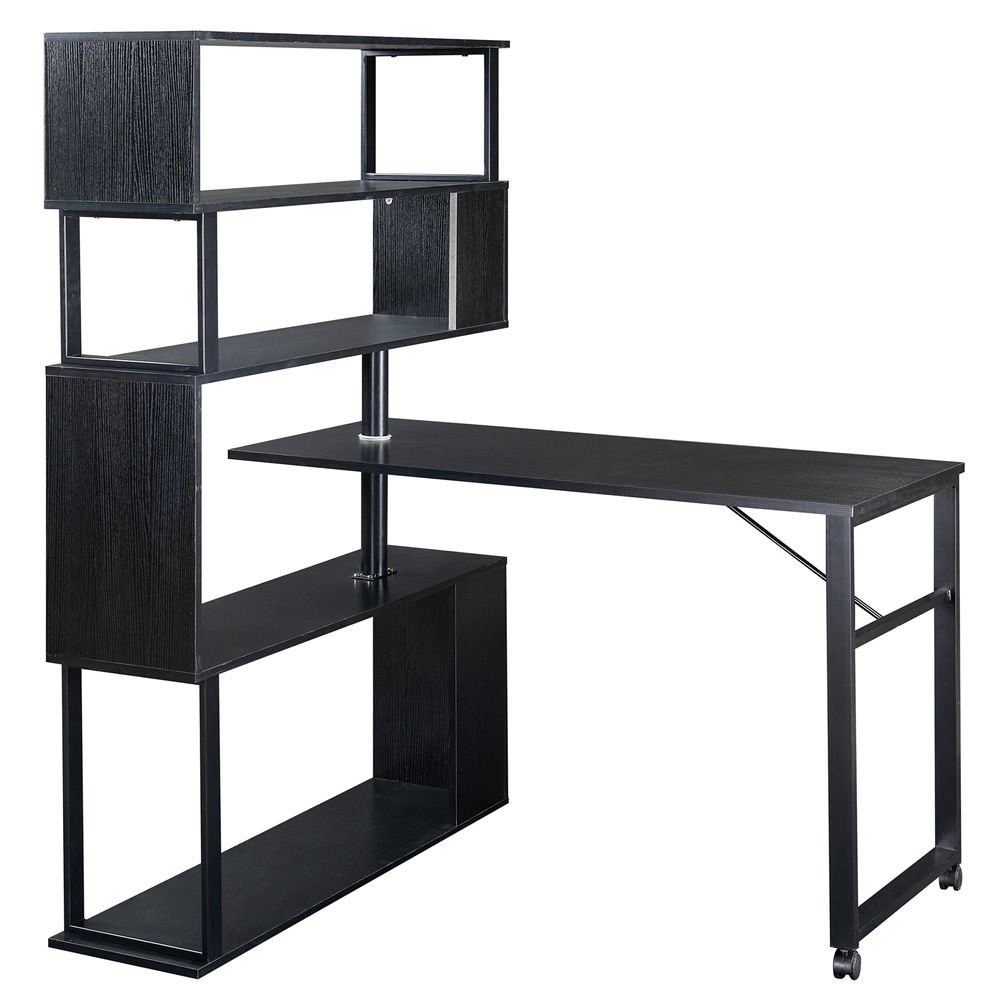 Convertible Computer Desk with Lockable Casters 5 Tiers Storage Shelves