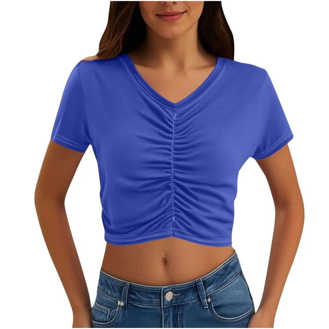 Timegard Summer Tops for Women V Neck Ruched Short Sleeve Crop Top Casual Slim Solid Color Tee Fashion