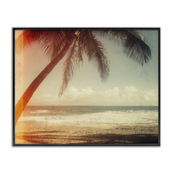 Stupell Industries Coastal Vintage Sun Bleached Ocean Scene Hanging Palm Tree Black Framed Giclee Art, 14 x 11, by Acosta