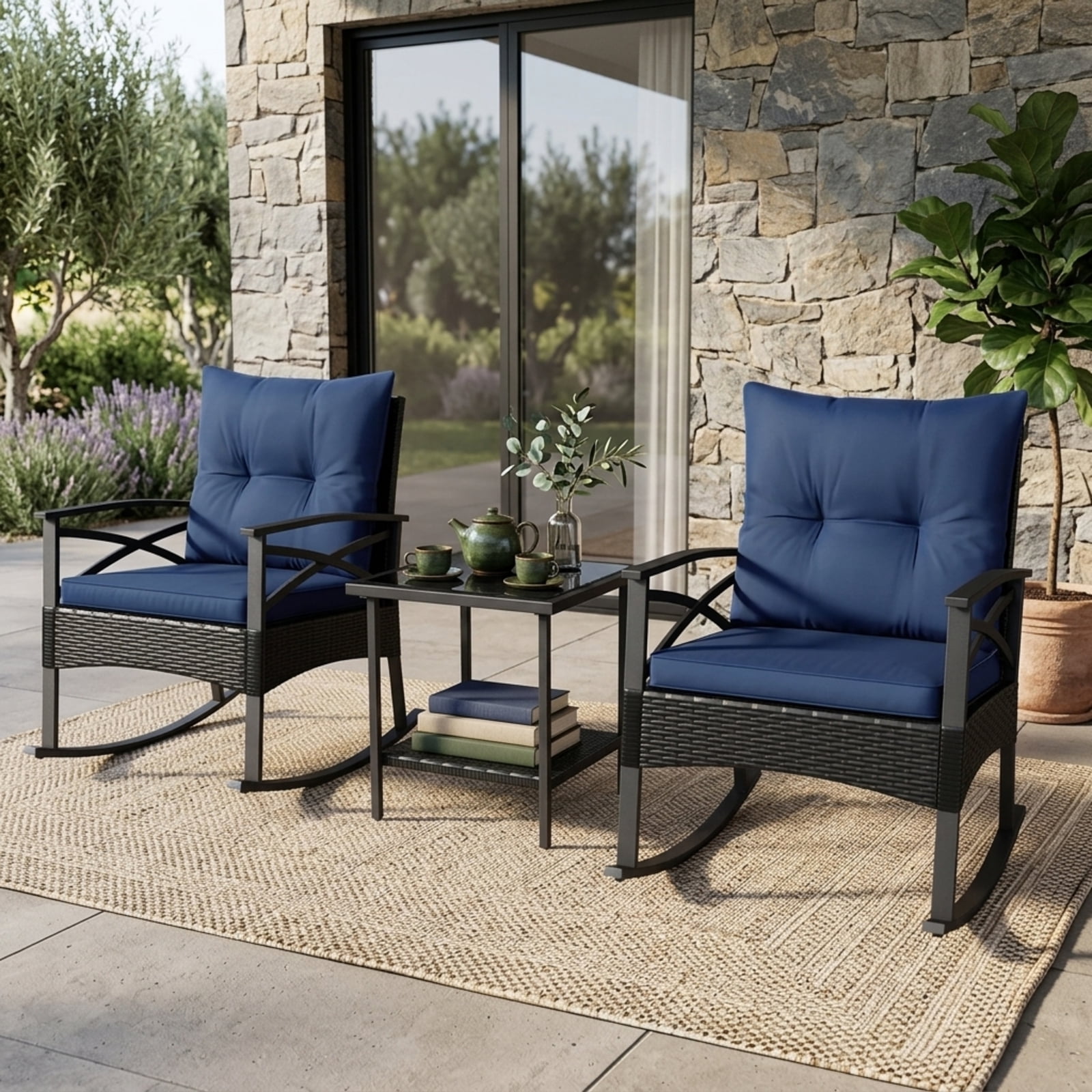Furnibear 3-Piece Outdoor Rocking Chair Set with Side Table, 2 Wicker Rocking Chairs, Navy Cushions, 400 lbs Capacity, Patio Garden Backyard