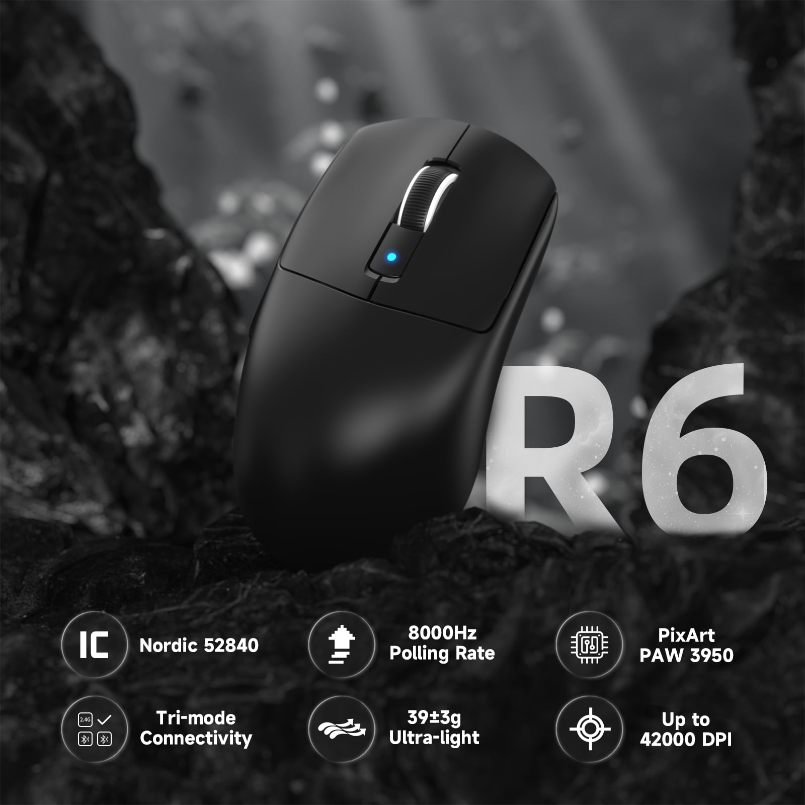 ATTACK SHARK R6PRO 39g Superlight Wireless Gaming Mouse, PixArt PAW3950MAX 42000 DPI, MCU Nodic 52840 Computer Mouse, 8K Polling Rate Web Driver, BT/2.4Ghz/Wired Tri-Mode Mice with Coiled Cable