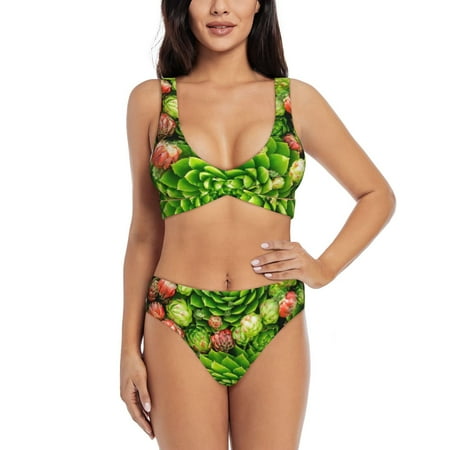 Zeuib Cactus And Succulents High Waisted Tummy Control Bikini Set - Knot Front Push Up Top & Cheeky Thong Bottom  Two-Piece Swimsuit for Women-Small