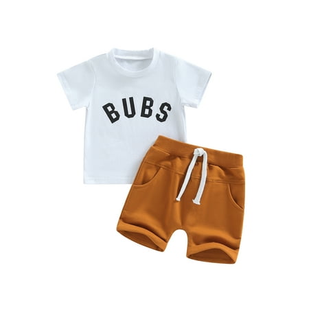 

AmShibel Summer Baby Boys 2pcs Clothes Sets Causal Letter Print Short Sleeve Pullover T Shirts+Solid Elastic Shorts