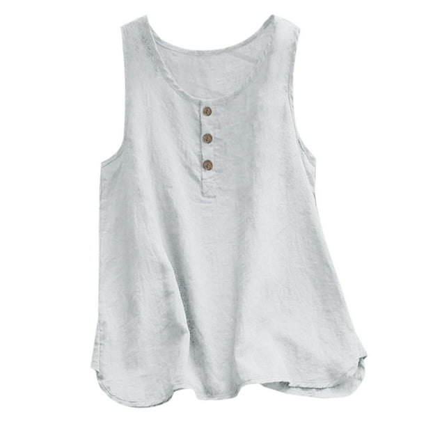 Top sin mangas con cuello redondo y botones para mujer: camiseta informal de verano, tejido de poliéster, corte regular, para el día a día y la playa