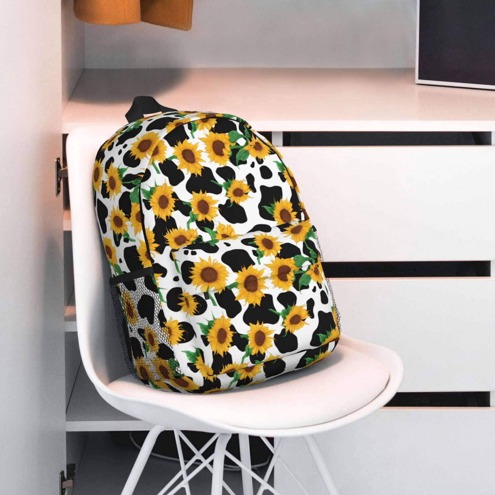 Rateoe Cute Cow Print Sunflower C Pattern Student Backpack Water-resistant Backpack 15-inch Laptop Backpack Lightweight Adjustable School Backpack