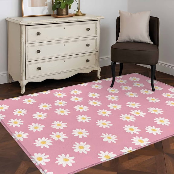 3'x5' Area Rugs, White Pink Daisy Indoor Outdoor Area Rug for Living Room Bedroom, Spring Summer Floral Farmhouse Washable Bathroom Rugs Kitchen Floor Carpet Mats Home Decor Aesthetic