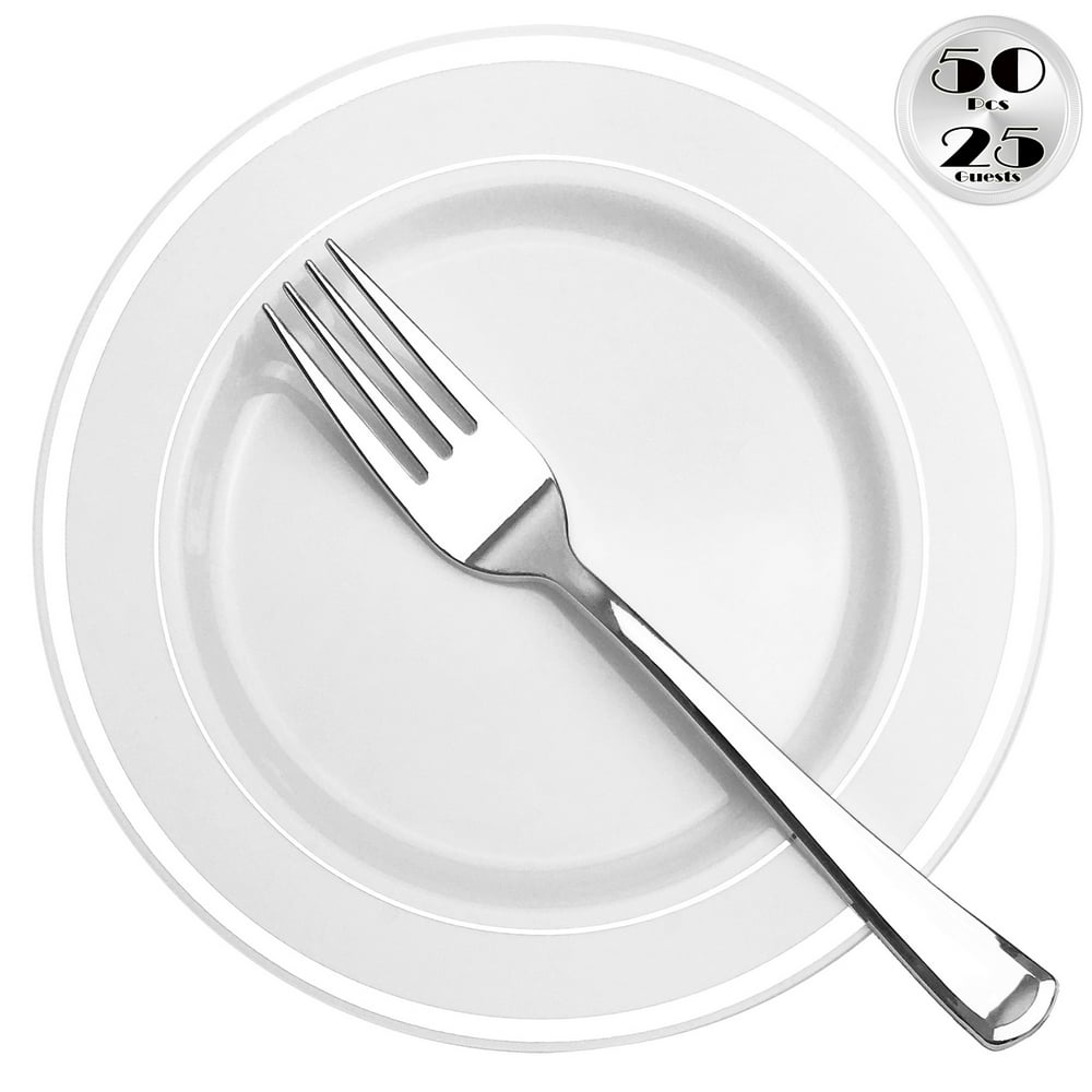 JL Prime 50 Pack 25 Silver 7.35 Inch Small Plastic Plates & 25 Forks