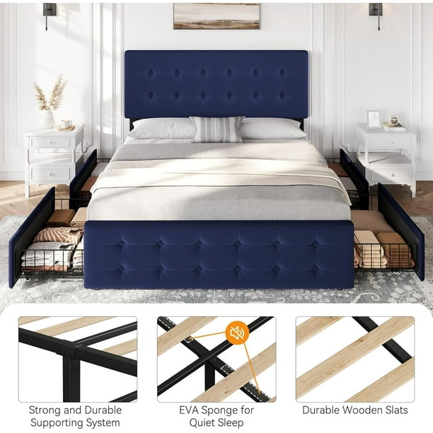Queen Size Bed Frame with 4 Storage Drawers and Velvet Upholstered