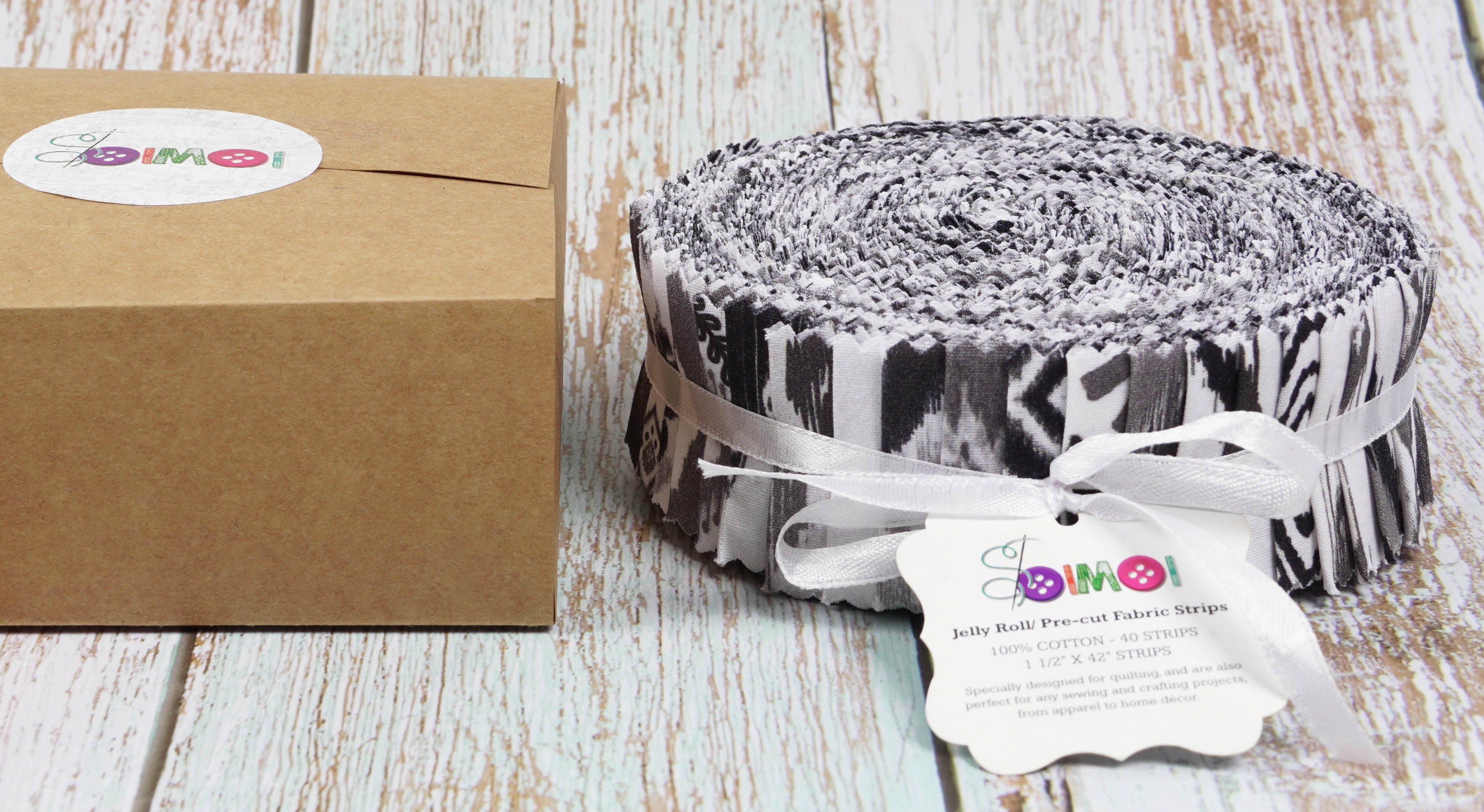 Soimoi 40Pcs Ikat Print Precut Fabrics Strips Roll Up 1.5 inches Cotton Jelly Rolls For Quilting - White & Black
