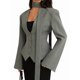 thumbnail image 2 of Chaqueta de Traje de Larga para Mujer, Color Liso, Cuello en V, Corte Entallado y Hombreras Gris L, 2 of 10