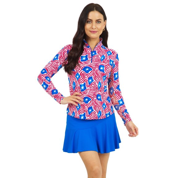 IBKUL Womens Long Sleeve Zip Mock Neck - 10193 -Rylee Blue/Red - XS