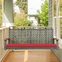 Gymax Rattan Patio Porch Swing 2-Person Cushioned Swing Chair Bench w/ Hanging Ropes Red