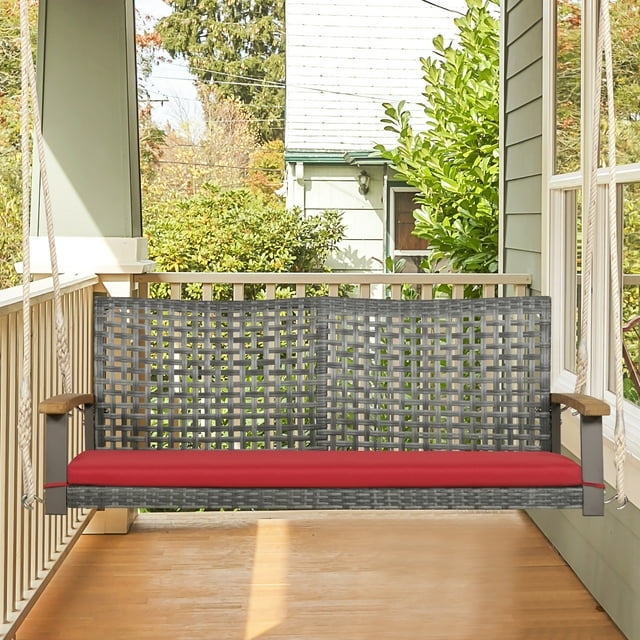 Gymax Rattan Patio Porch Swing 2-Person Cushioned Chair with 1 Cushion and 2 Hanging Ropes, Red