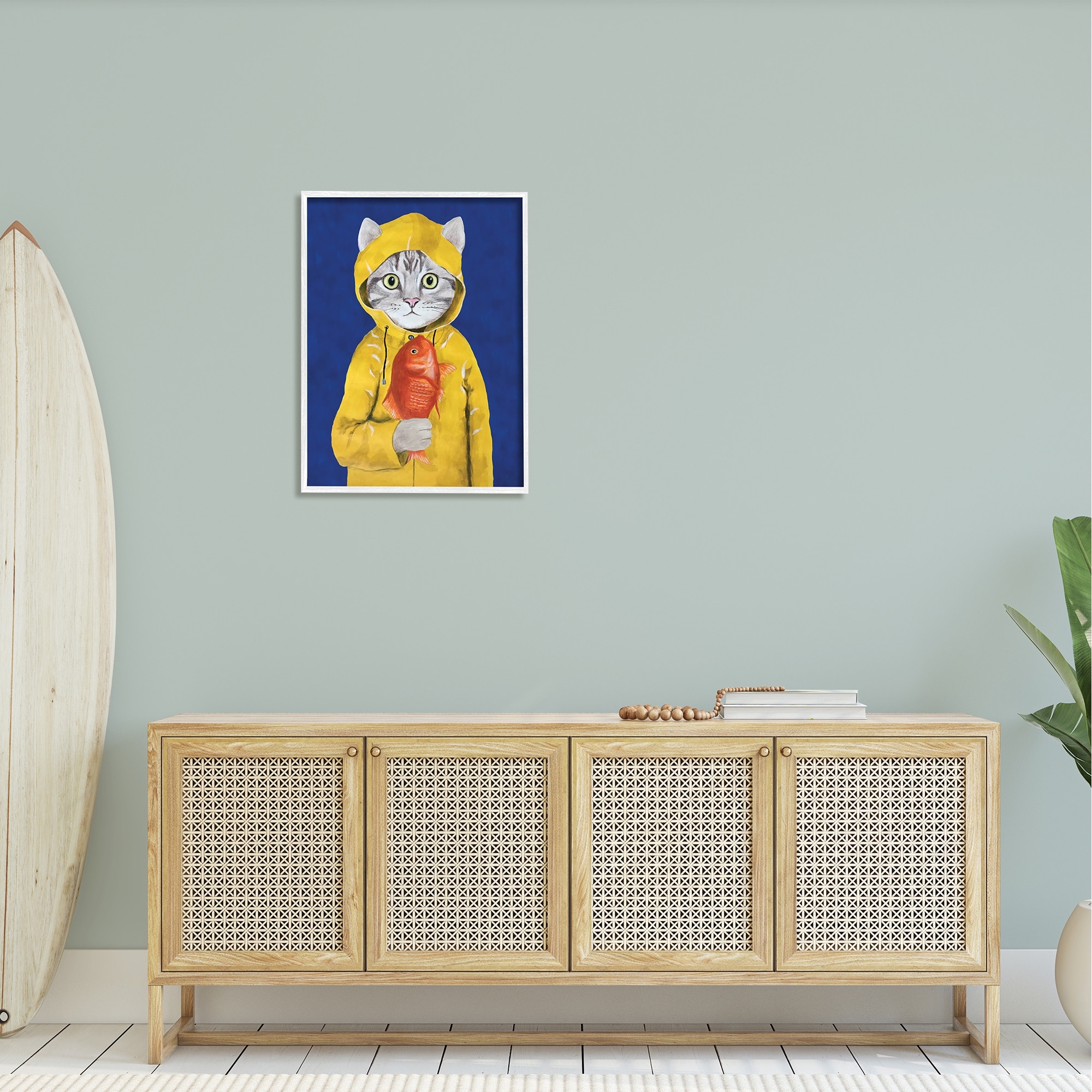 Stupell Industries Fisherman Feline Yellow Coat Cat Graphic Art Framed Art Print Wall Art, 24x30, By Coco de Paris