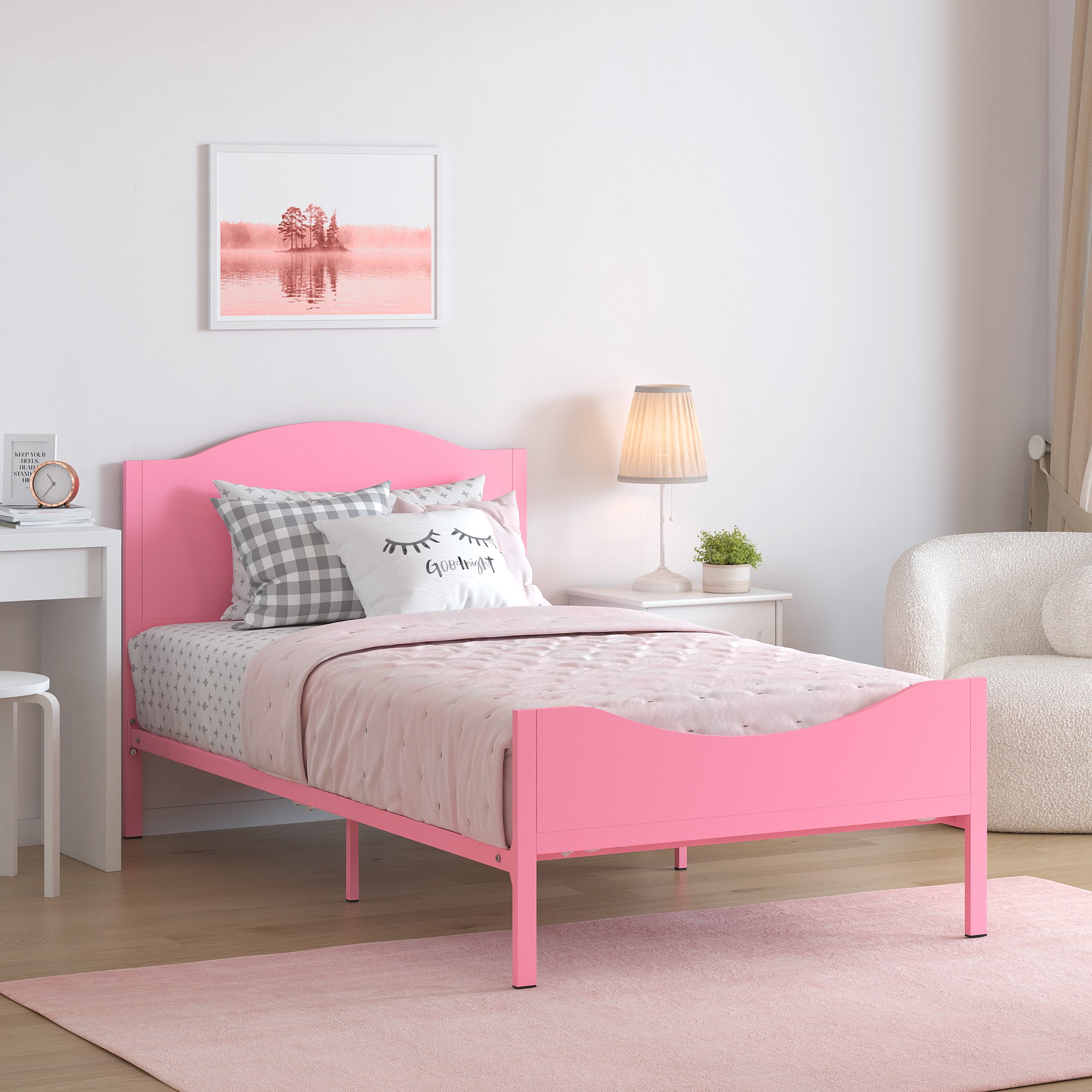 Yoneston Kids Twin Metal Platform Bed Frame with Wood Headboard for Girls, Toddler, Kids, and Teens, Pink