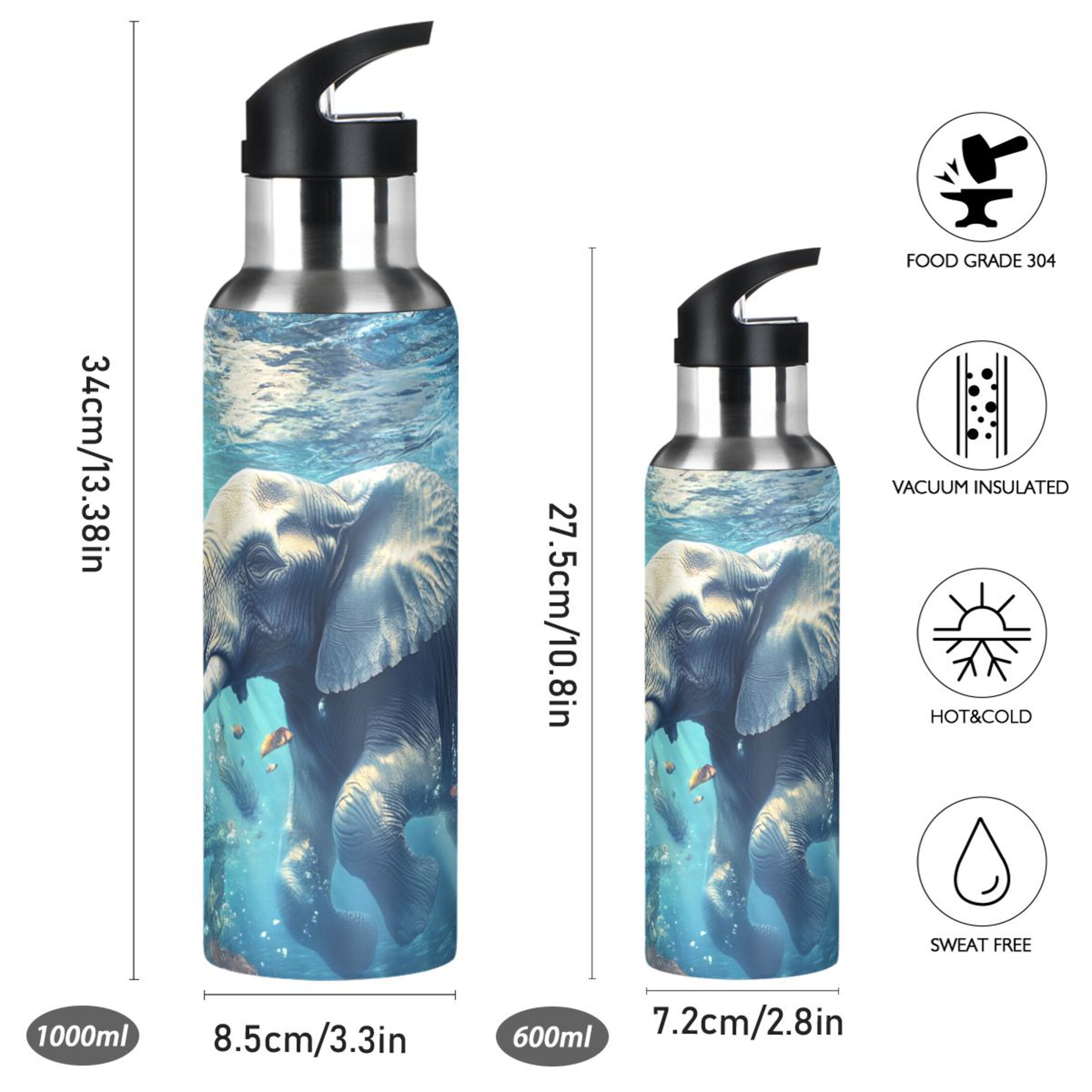 Elephant Swimming under Sea Sports Bottle with Straw Stainless Steel Water Jug Portable Thermal Cup Leak-proof 1000ML